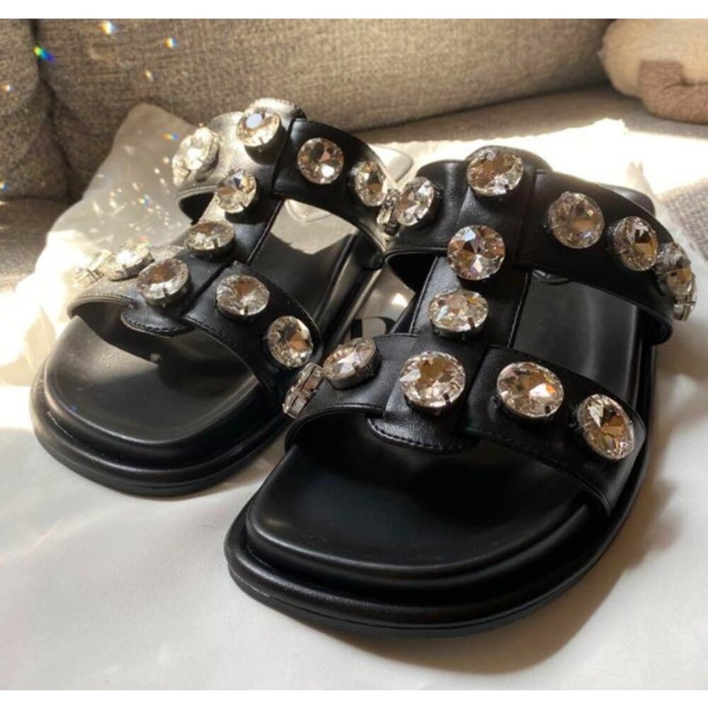ZARA Black Crystal Embellished Flat Sandals NWT Double Strap Gem Slides Size 7.5 - Picture 11 of 16